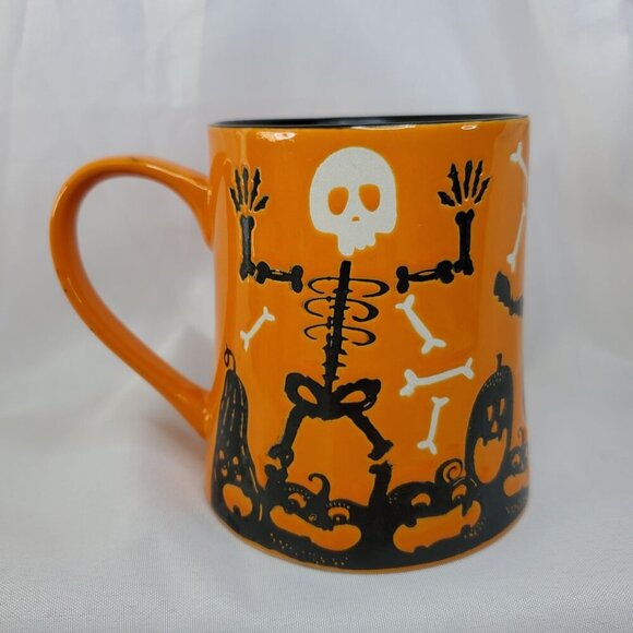 Halloween Mug Orange Skeleton Funny Bones And Spooky Pumpkins Coffee Cup - Picture 1 of 10